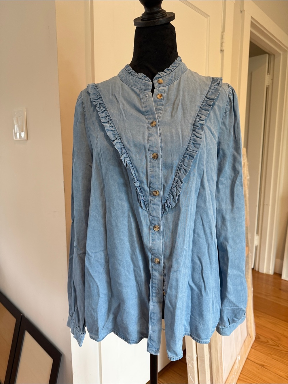Saks Fifth Avenue Light Blue Ruffle Front Button-Down Shirt